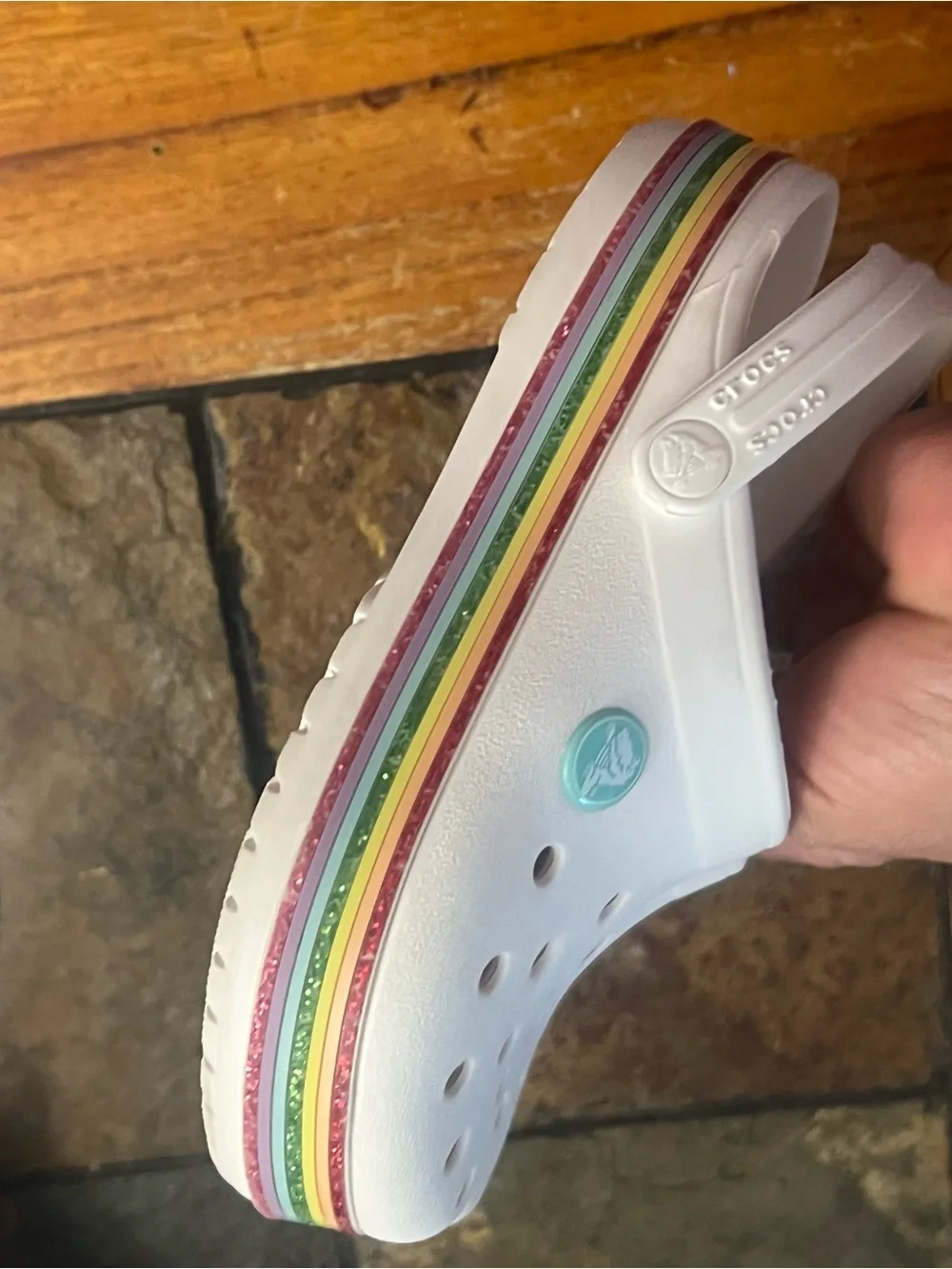 CROCS Kids Classic Clogs in White with Teal Accents